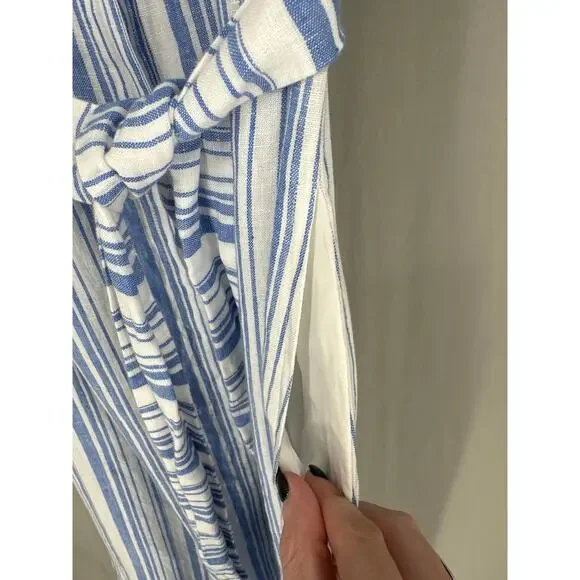 AYR Dress Womens XS Blue Striped Maxi Linen Button Tie Front Pockets Coastal - Picture 6 of 8